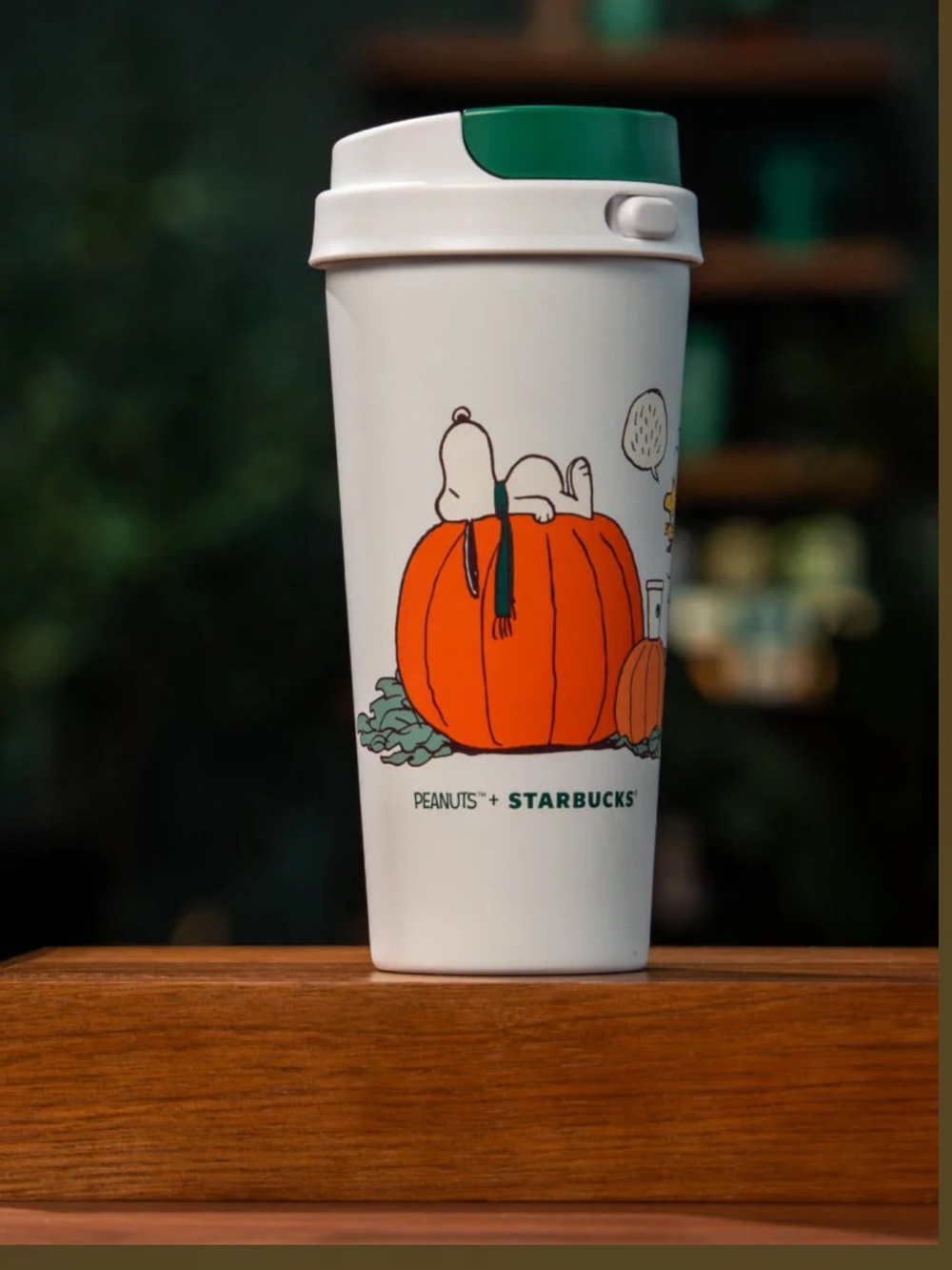 Starbucks x Peanuts White Travel Mug with Great Pumpkin Design